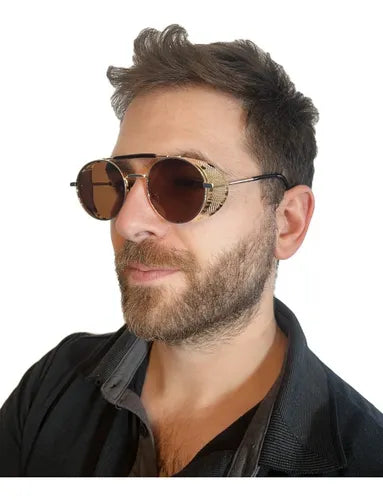 Lentes De Sol Steampunk Mesh - Metálicos - Marco Dorado Cristal Cafe